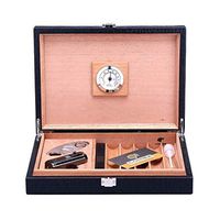 Smoking Set/Hygrometer with Cigar Cutter and Humidifier Can Hold 20 Cigars Portable Travel Compact Cigarette Case Cedar Lining Quality Leather Men's Gift Box Black Mute
