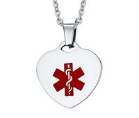 Mealguet Jewelry Free Engraving- Stainless Steel Heart-Shape Medical Alert ID Tag Pendant Necklace for Men Women