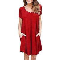 muyuhan Women's Loose Short Sleeve V-Neck Beach Evening Casual Mini Dress(Red,L)