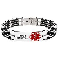 Tioneer Stainless Steel Medical Alert ID Badge Black Rubber Accent Biker Link Bracelet, Type 1 Diabetes