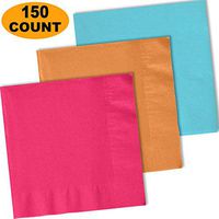 150 Lunch Napkins, Electric Pink, Autumn Orange, Island Blue - 50 Each Color. 2 Ply Paper Dinner Napkins. 6.5" folded, 13.5" unfolded.