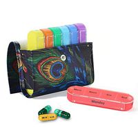 Pill Organizer,LIZIMANDU Weekly Travel Pill Case Box Medication Reminder Daily AM PM, Day Night 7 Compartments,for 4 Times A Day, 7 Days a Week-Includes Leather PU Carrying Case (Peacock Feather)