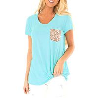 Coupondeal Women's Summer Short Sleeves O Neck T Shirt Sequin Pocket Casual Basic Tops(Blue,M)