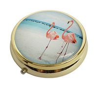 XingBoo Custom New Hot Round Medicine Tablet Pocket Travel Gold Pill Case Vitamin Glass Decorative Box (Beach Flamingos)