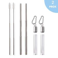 Telescopic Drinking Straw,Reusable Straws Steel Metal Straight Straw for Drinks with Portable Cleaning Brush Set of 2, Silver