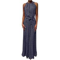 Women's Long Maxi Dress Halter,Ladies Sleeveless Dot Printed Summer Long Beach Dress with Belt