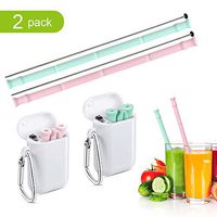 Reusable Silicone Drinking Straws Food-Grade Collapsible Straws with one Cleaning Brush and One Portable Case Protect Ocean Creatives Enviromental Easy to Carry Outside 2PCS in 1 Set (Green/Pink)