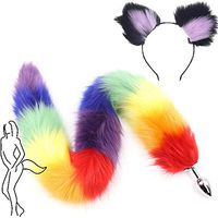 Three Sizes Long Rainbow B-ü-t-t P-l-ǔ-g Fox Tail Massager + Ears Headband Halloween Party Toys Set