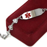 Medical Alert Bracelet for Women with Free Custom Engraving, Steel Heart-Link Chain CZ Stone, Red Medic ID | Wrist Size 6.25 inch