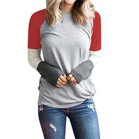 HNTDG Womens Color Block Round Neck Long Sleeve Lightweight Tunic Sweatshirt Tops Casual Holiday Sweatshirt Blouse Red