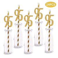 95th Birthday Paper Straw Decor, 24-Pack Real Gold Glitter Cut-Out Numbers Happy 95 Years Party Decorative Straws
