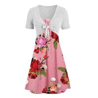 Womens Sunflower Short Sleeve Midi Dresses Bow Tie Front Bandage Suit Summer Casual Cardigan Tops Straps Mini Tshirt Dress Loose Swing Flowy Pleated Floral Sun Dress
