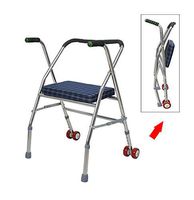 Elderly Walker with Seat and Wheel, Portable Folding Height-Adjustable Disabled Walking Frame, Four-Legged Walking Stick, Bathroom Chair