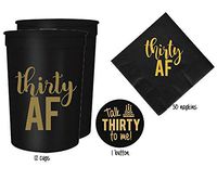 Thirty AF, 30 AF, 30th Birthday Party Cups 1"Talk Thirty to Me" Button, Set of 12, 16oz 30th Birthday Stadium Cups, Perfect for Birthday Parties, Birthday Decorations (Black)