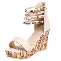 Cenglings Wedge Sandals,Womens Open Toe High Heel Zipper Bohemian Shoes Ankle Strap Platform Roman Sandals Plus Size Shoes(Beige,39)