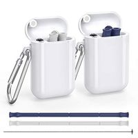 2 Pack Reusable Silicone Collapsible Straws - Portable Food-Grade Drinking Straw with Hard Carrying Case and Cleaning Brush, BPA Free (Blue and Grey)