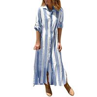 Clearance! Swiusd Women's Cotton Linen Stripe Print Lapel Shirt Dresses Loose Causal Elegant Long Sleeve Office Work Dresses (Blue, XL-US 10)