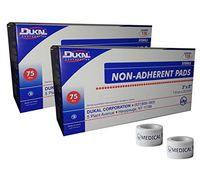 Sterile 3x8 Non-Adherent Pads (2 Packs of 75) + 2 Rolls of Vakly Medical Tape (2)