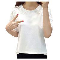 Meikosks Ladies Short Sleeve O-Neck Blouse Lace Hollow Out T Shirt Summer Solid Color Tops White
