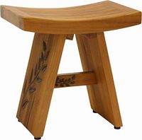 AquaTeak 18" Asia Teak Shower Bench with Carved Leaves on Leg and Crossbar