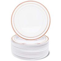 Juvale 50-Pack Elegant Plastic Appetizer or Dessert Plates for Wedding, Birthday, Bridal Shower, White with Rose Gold Rim, 7.5 Inches