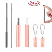 2 Pack Reusable Metal Straws Collapsible Stainless Steel Drinking Straw Portable Telescopic Straw with Case Rose Gold/Rose Gold