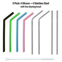 Stainless Steel Straws & Silicone Drinking Straws Reusable with Free Cleaner Cleaning Brush,4 Colors Silicone Straws & Metal Straws 2 Straight and 2 Curved with Black Storage Bag (8 Set)