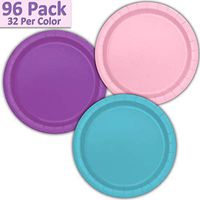 96 Paper Dinner Plates (9") - Light Pink, Pretty Purple, Aqua - 32 Per Color, 3 Colors - Great Assortment for Birthday Parties, Weddings, Holidays, Baby Shower, Celebrations, and more