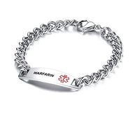WARFARIN-Stainless Steel Curb Chain Medical Alert ID Idenfication Bracelets for Men, 8.3" Black Deep Engraving
