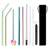Reusable Straws Set,6pcs Metal Straws Reusable Straws with Case Stainless Steel Straws Collapsible Drinking Straws Eco-friendly Portable Straws with Pouch Tips Hook Telescopic Cleaning Brush