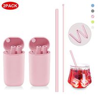 PYRKIA Collapsible Reusable Straw 2 Pack, Portable Foldable Drinking Straws Non-metal Silicone with Case Keychain & Cleaning Tool for Travel, Household, Outdoor, Party(Pink & Pink)