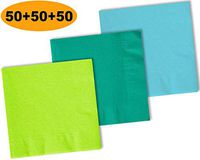 150 Beverage Napkins, Lime Green, Teal, Island Blue - 50 Each Color. 2 Ply Paper Cocktail Napkins. 5" folded, 10" unfolded.