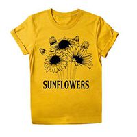 Eoeth Blouse Tops for Women Sunflower Letter Print Short Sleeve T-Shirts Simple O-Neck Tee T-Shirt Tunic Shirts Pullover Yellow