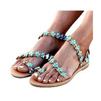 Cenglings Bohemian Sandals,Women's Clip Toe Flower Rhinestone Flat Sandals Cross Strap Crystal Beach Sandals Plus Size Platform Shoes(Blue,37)