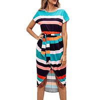 LISTHA Womens Maxi Dress Casual Short Sleeve V Neck Printed Belt Dresses