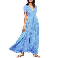 Drfoytg Women Button Up Split Flowy Maxi Dress Short Sleeve Waist Drawstring Party Dresses Floral Print Sundress Blue