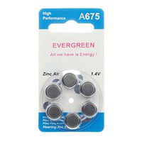 Hearing Aid Battery A675/B6 Evergreen 6pk, Size 675, 1.4V