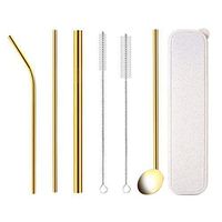 8.5 inch Set of 6 Stainless Steel Straws,Reusable  Drinking Metal， Smoothie Gold Straws (1 bent + 2straight + +1 Spoon Tube and 2 Brushes )