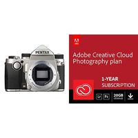 Pentax KP Silver Body 24.32 Ultra-Compact Weatherproof DSLR with 3" LCD, (Silver) with Adobe Creative Cloud Photography Plan 20 GB (Photoshop+Lightroom) 12-Month Subscription