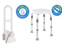 Vaunn Medical Bathtub Safety Rail Grab Bar and Shower Tub Stool Bundle