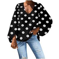 Sunhusing Women's Casual V-Neck Solid Color Polka Dot Printed Loose Lantern Sleeve Long Sleeve T-Shirt Top(Black,2XL)