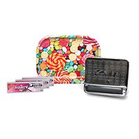 Mini Rolling Tray (Candy) with Juicy Jays 1 1/4 Superfine Sticky Candy Rolling Papers (3 Packs) and Zen 79mm Automatic Roll Box – 5 Items – Bundle