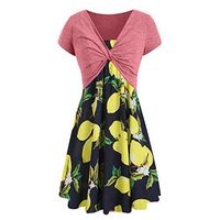 Womens Sunflower Short Sleeve Midi Dresses Bow Knot Bandage Tops Suit Summer Casual Straps Cover Up Mini Tshirt Dress Loose Swing Flowy Pleated Floral Sun Dress