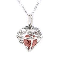 Sier Diamond Shaped Aromatherapy Essential Oil Diffuser Necklace Locket With Lava Stone (Red)