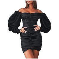 Cenglings Sexy Women Off Shoulder Long Sleeve Slim Fit Mini Dress Sequin Ruched Solid Evening Party Dress Nightclub Dresses(Black,S)