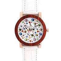 BOBO Bird Womens Ladies C-J04 Natural Wood Bamboo Watch with Gemstones - White Genuine Leather Band