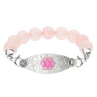 Divoti Custom Engraved Medical Alert Bracelets for Women, Stainless Steel Medical Bracelet, Medical ID Bracelet w/Free Engraving – Lovely Filigree Tag w/Rose Quartz Bead-Pink-7.5"
