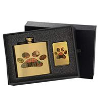 Puppy Dog Paw Patchwork - Gold Lighter and Pocket Hip Liquor Flask Survival Camping Gift Box Set