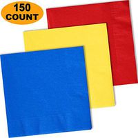 150 Lunch Napkins, Cobalt Blue, Lemon Yellow, Red - 50 Each Color. 2 Ply Paper Dinner Napkins. 6.5" folded, 13.5" unfolded.