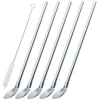 JETKONG 10 Inch Long Stainless Steel Straws Spoon Stirrer with Cleaning Brushes for Frozen Drink, Milkshake, Smoothies, Ice Cream (5Pcs, Silver)